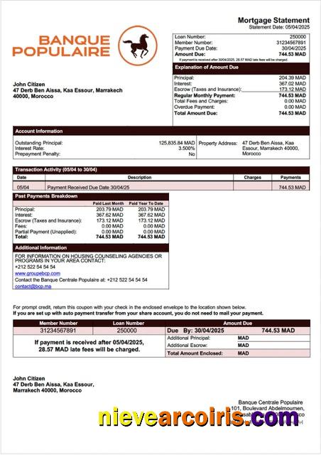 Morocco Banque Centrale Populaire mortgage statement Word and PDF template